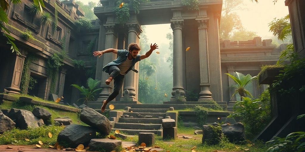 Character running through ancient temple ruins.