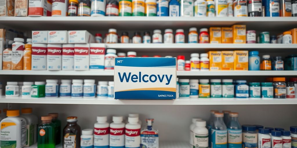 Pharmacy shelf with Wegovy medication box