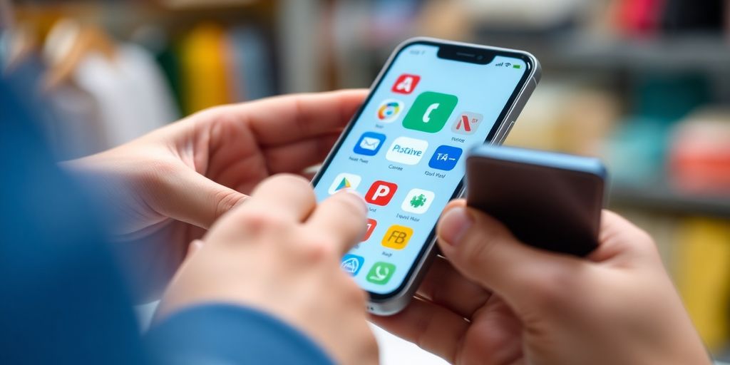 Hands using smartphone for alternative payment methods.