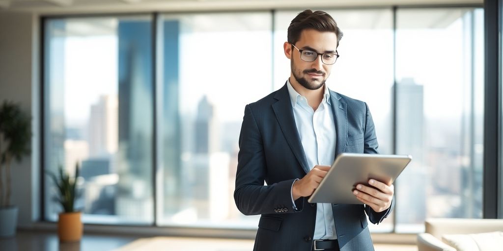 Professional in a modern office looking at a tablet.