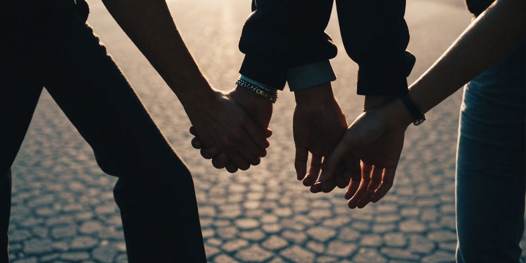 Couple holding hands with shadows representing multiple partners