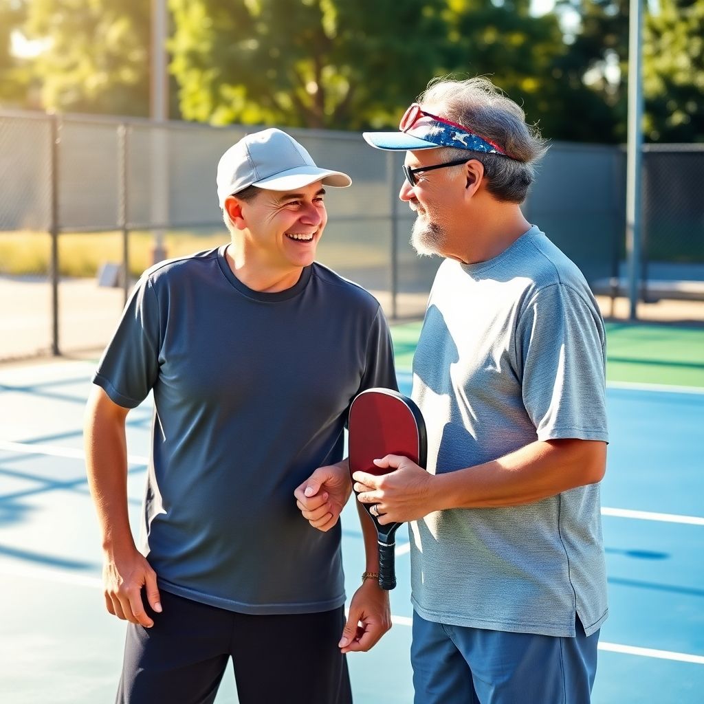 Two pickleball players smiling after a match.