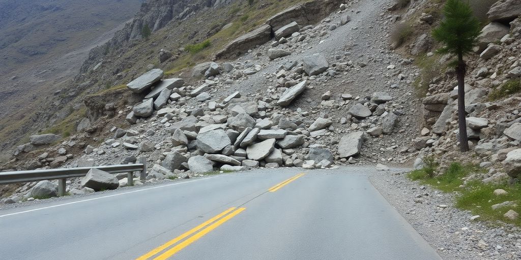 Grave éboulement sur une route de montagne avec des débris.