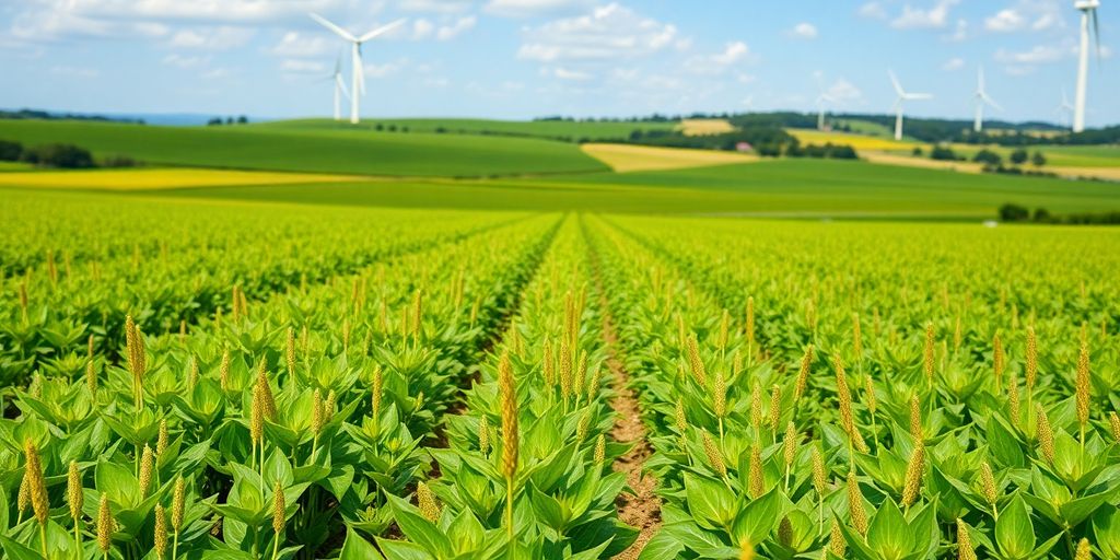Green landscape with crops and wind turbines in the background.