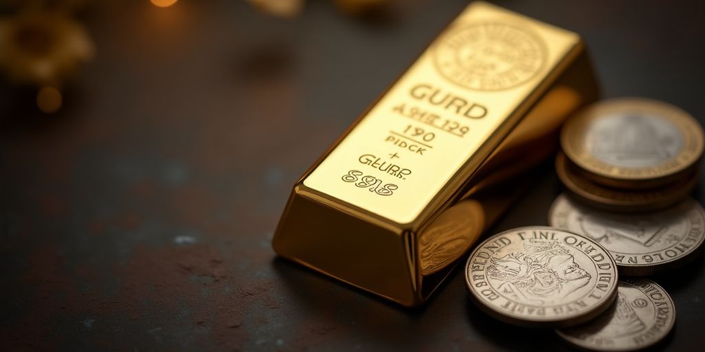 Lingot d'or à côté de pièces d'argent.