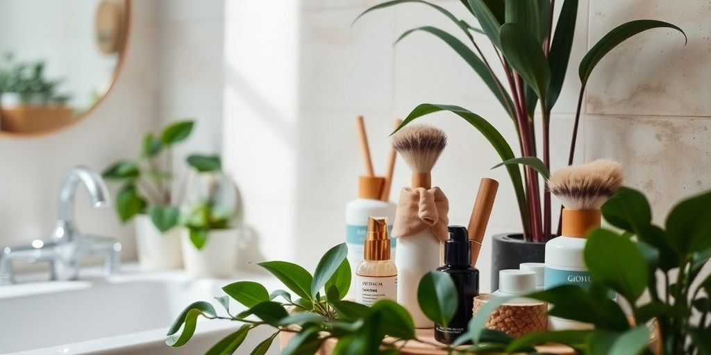 Natural grooming products in a serene bathroom setting.