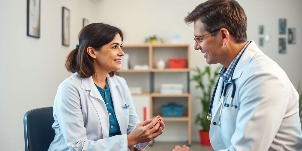 Patient und Arzt im hellen medizinischen Raum diskutieren über Fersensporn.