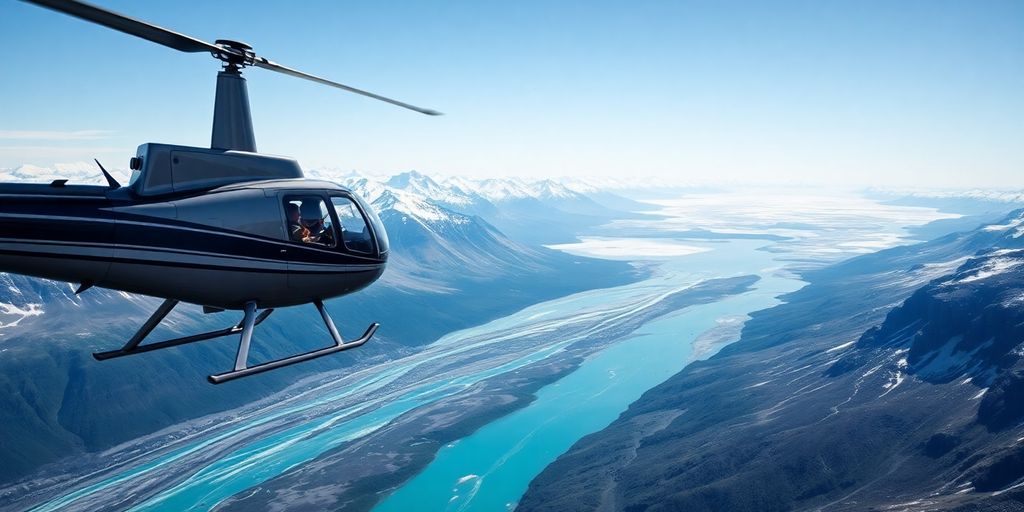 A helicopter flying over majestic Alaskan mountains and glaciers.