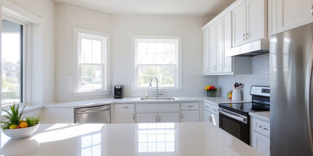 Modern kitchen remodel with new cabinets and countertops.
