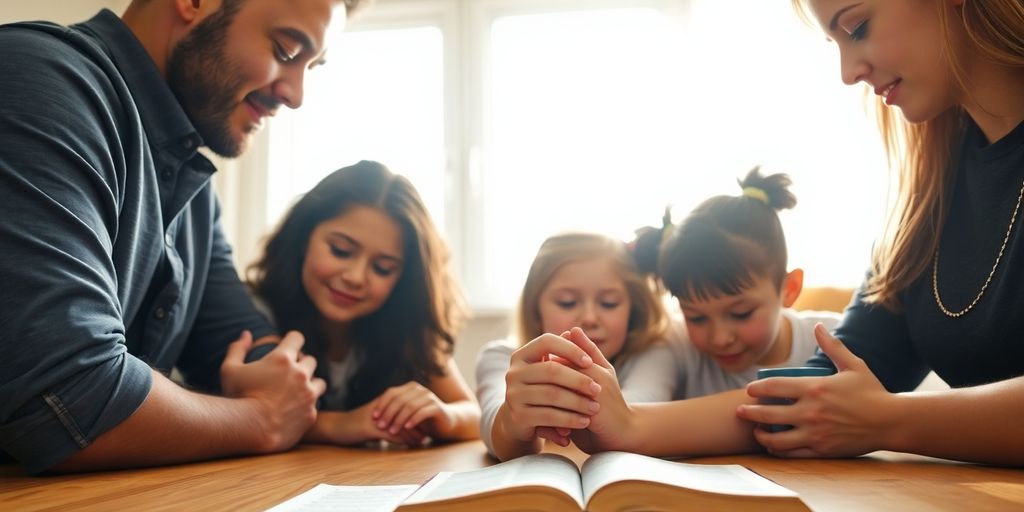 Family praying together, sunlit room.