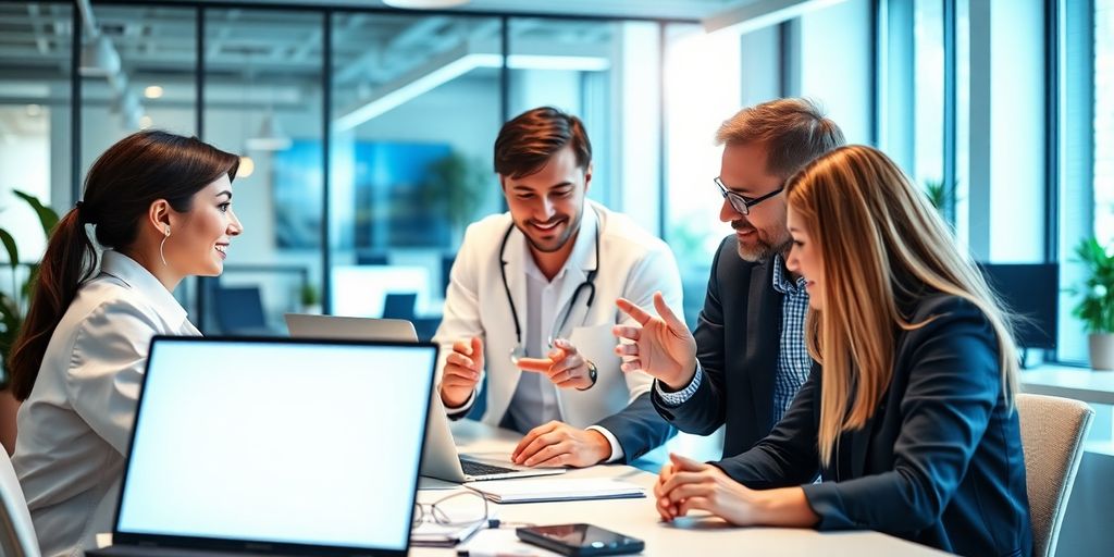 Profissionais de marketing digital em ambiente moderno e colaborativo.