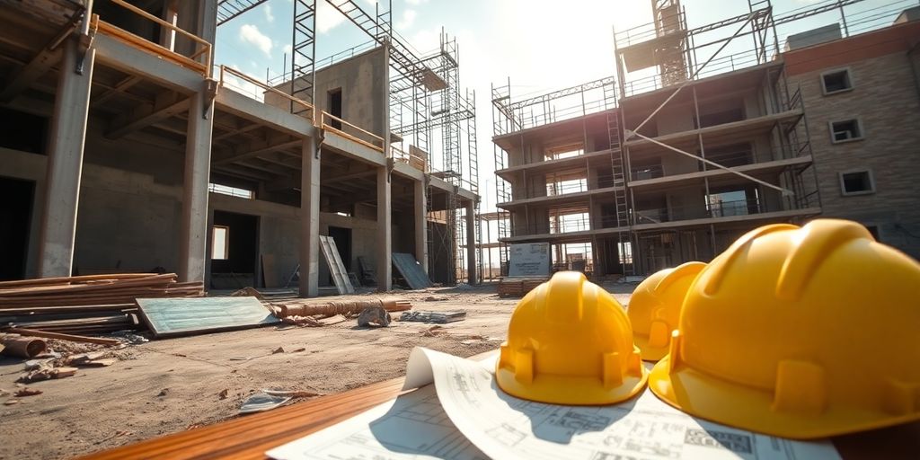 Construction site with blueprints and hard hats.