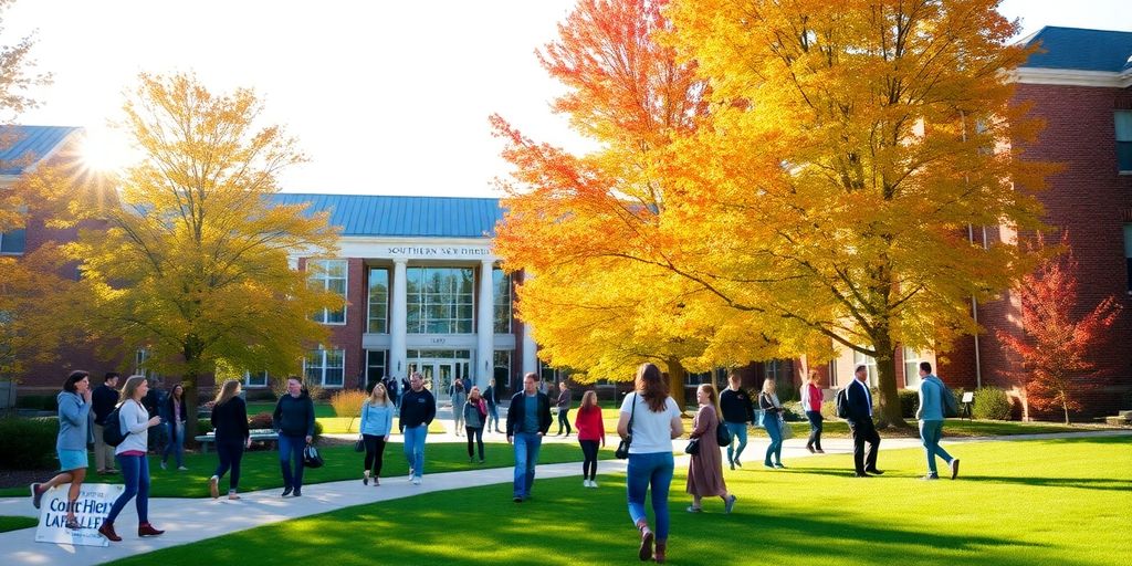 Southern New Hampshire University campus with students outdoors.
