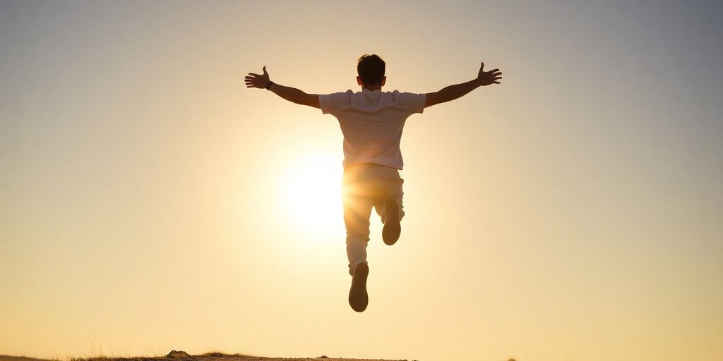 Person leaping forward with determination towards a bright horizon.