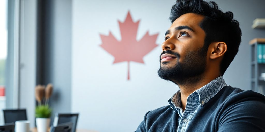 Inmigrante feliz trabajando en su startup en Canadá.