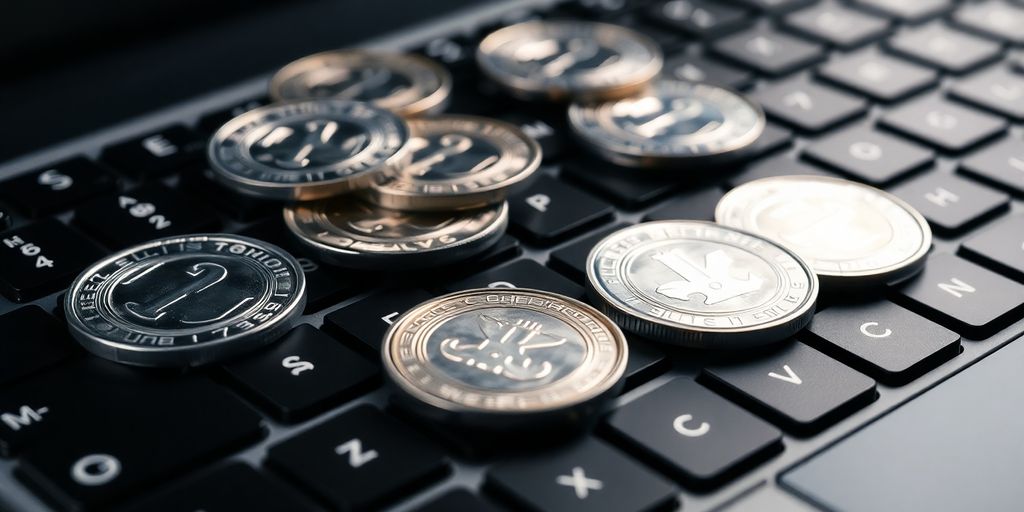 Pièces d'argent brillantes sur un clavier numérique