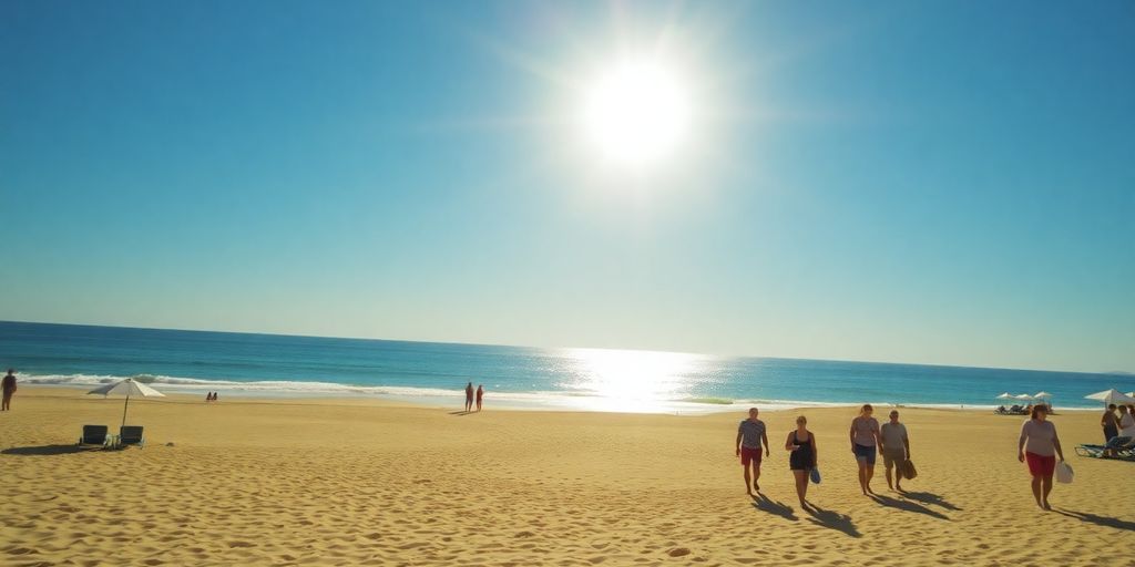 Vacanciers quittant une plage ensoleillée du sud de la France.