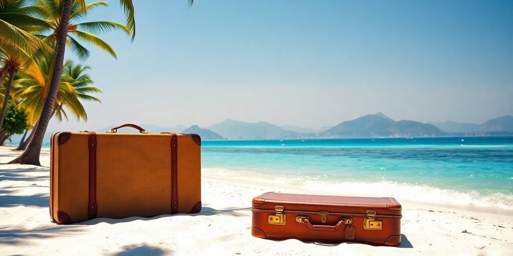 Beach with suitcase and distant mountains.