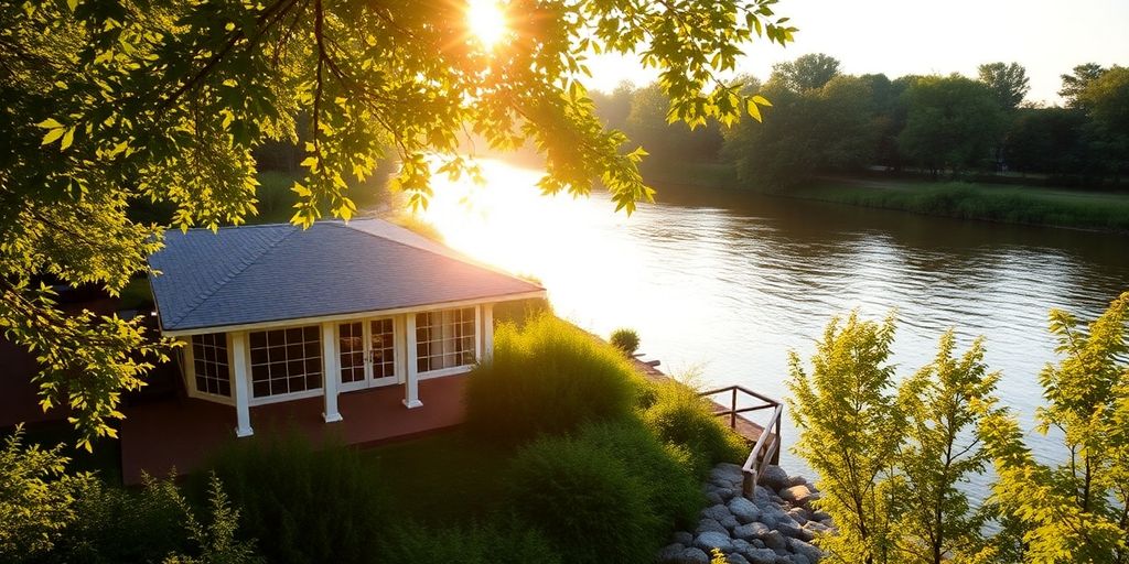 Serene spa exterior by a calm river.