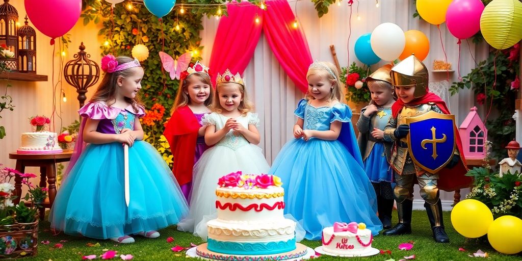 Children in princess and knight costumes at a party.