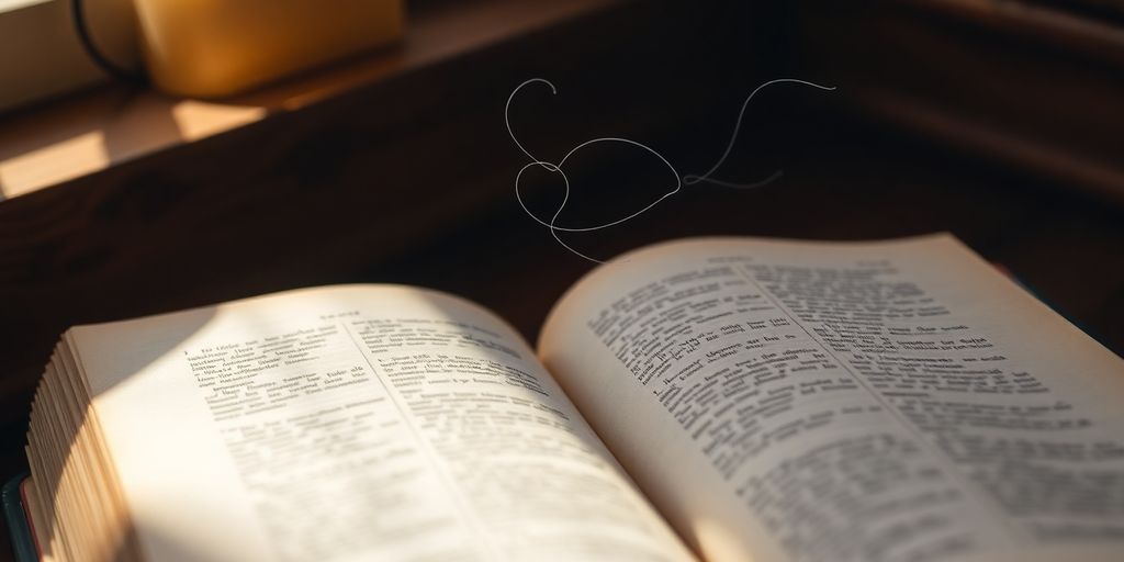 Open book, flowing ink, warm light.