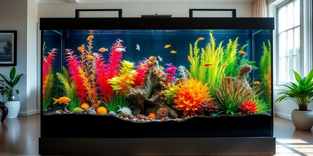 Large fish tank with colorful fish in a living room.
