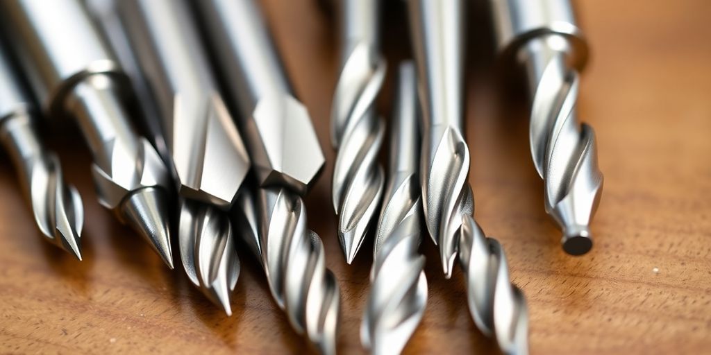Various nail drill bits on a wooden surface.