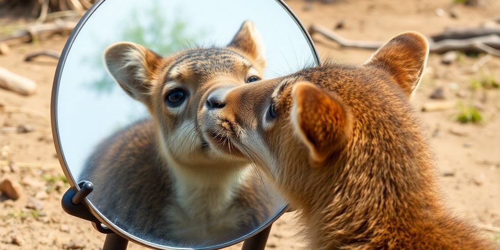 Animal engaging with a mirror in a natural setting.