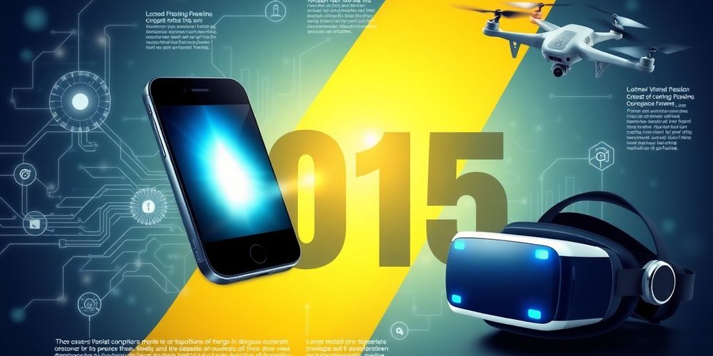Infographic of 2015 technologies like smartphones, drones, and VR headsets.