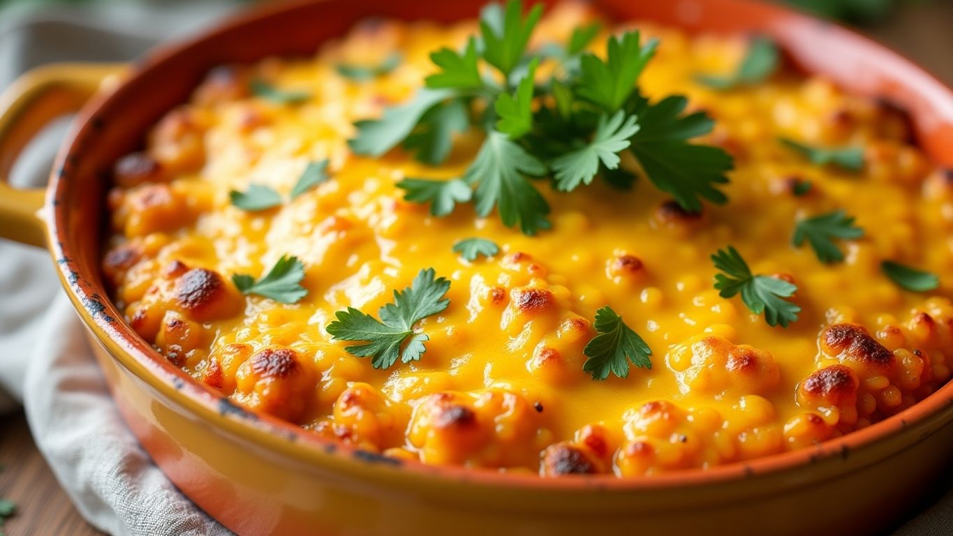 Prato de arroz de forno com queijo e ervas.