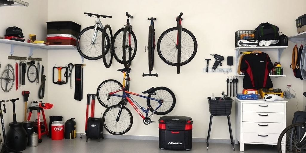 Mountain bike wall rack in a tidy garage setting.
