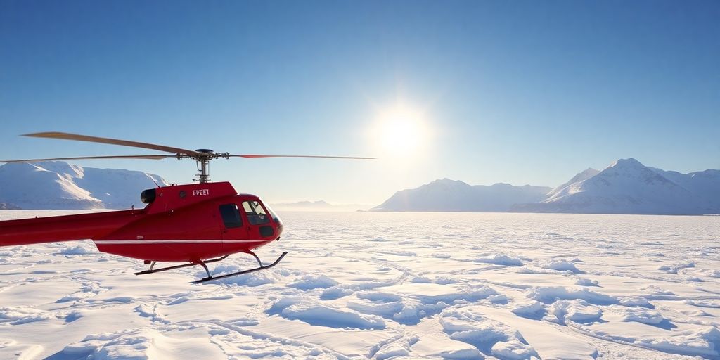 A red sky crane helicopter flying over an Alaskan glacier.