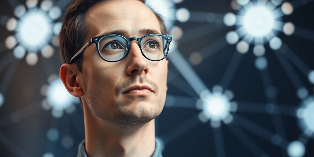 AI researcher in conversation with glowing neural network.