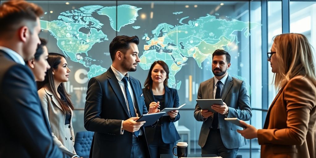 Diverse professionals collaborating in a modern office setting.