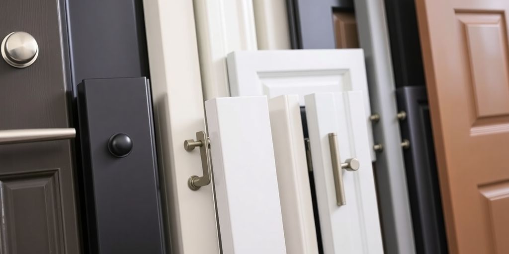 Close-up of storm door hardware and parts.