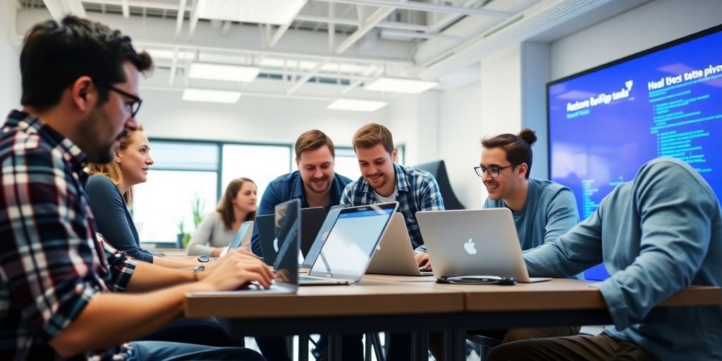 Team collaborating in a modern workspace with laptops.