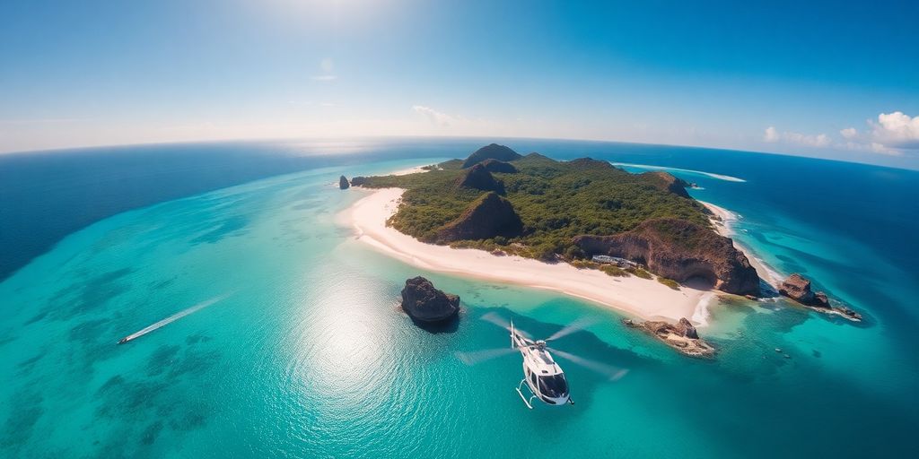 A helicopter soars above La Digue's turquoise water and beaches.