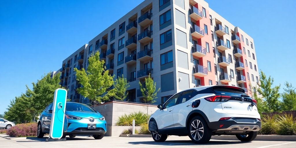 Electric vehicle charging at an apartment building with greenery.