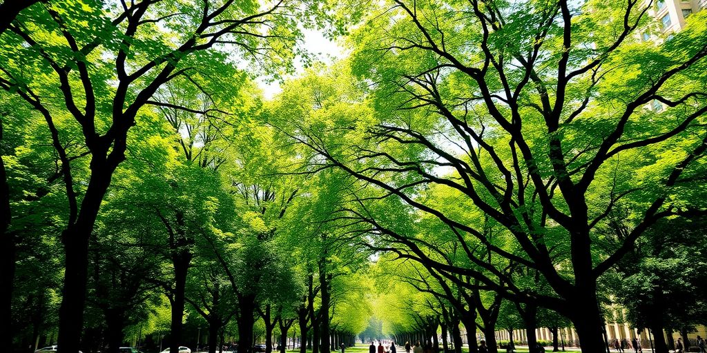 Vibrant city park with lush trees and people enjoying the green space.