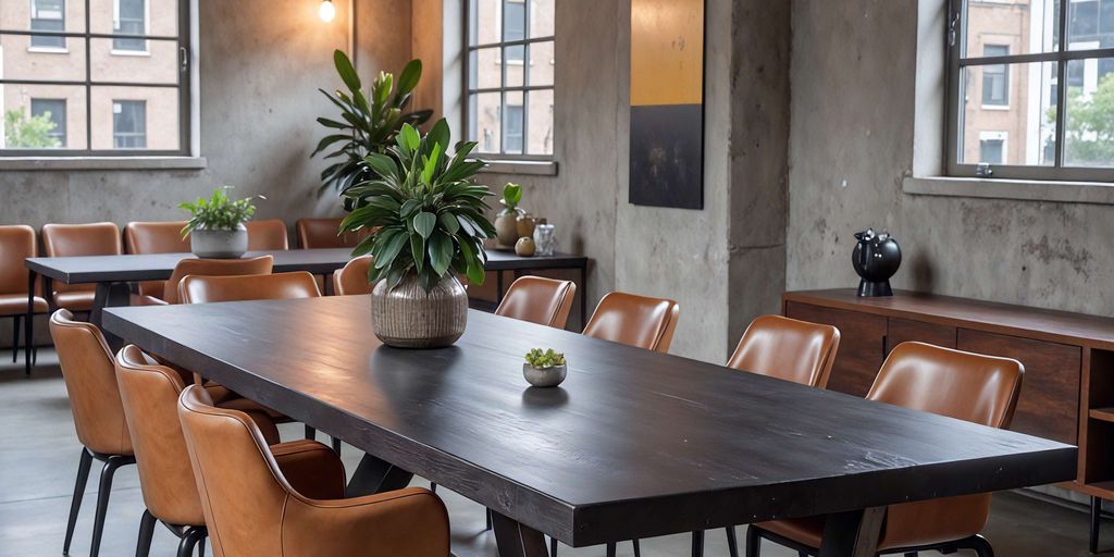 Modern dining area with a large table and stylish chairs.