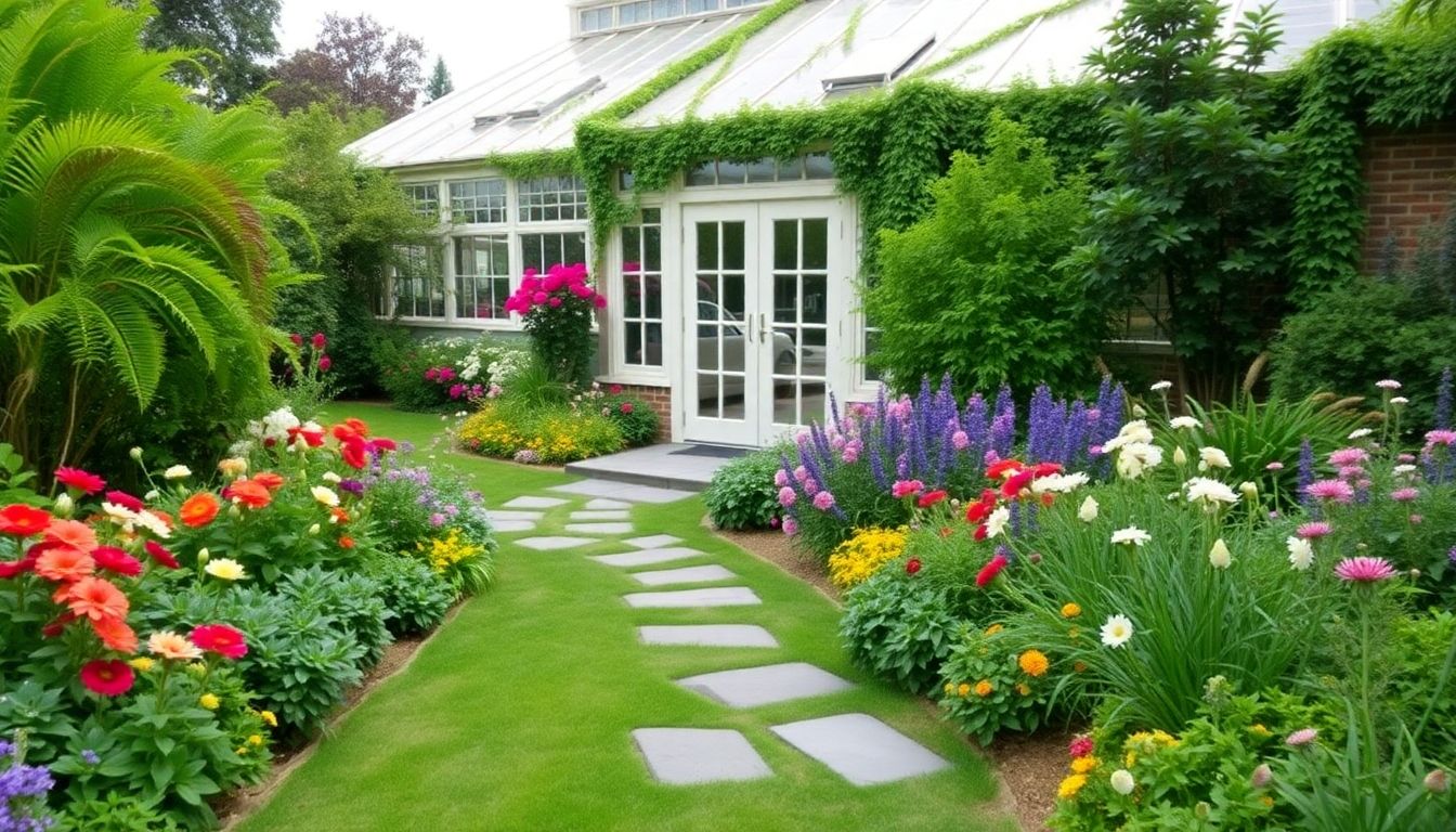 Landscaped garden with flowers and a conservatory.