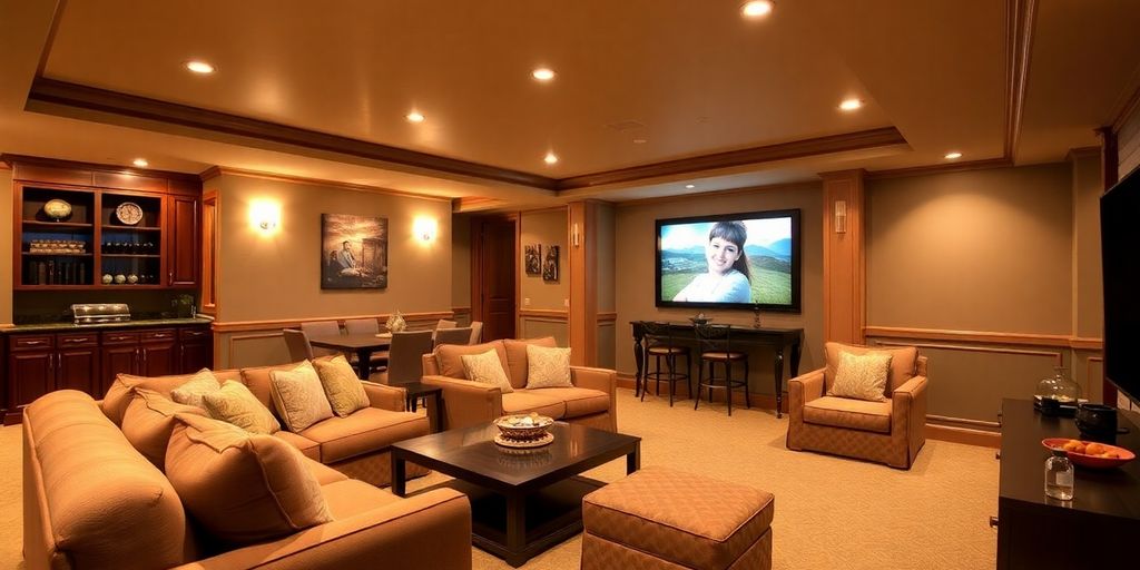 Finished basement with modern furniture.