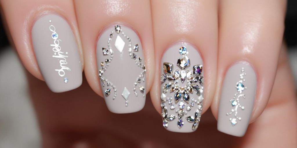 Unhas cinza claro decoradas com pedrarias brilhantes.