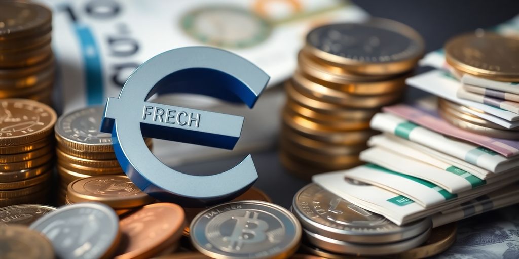 Un symbole d'euro avec des pièces et billets empilés.