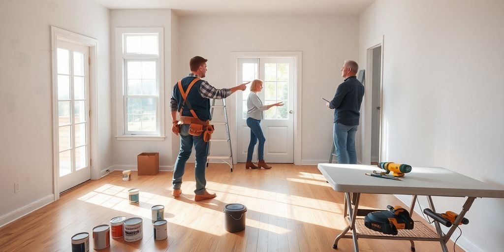 Sunlit living room renovation scene with contractor, homeowner, and tools