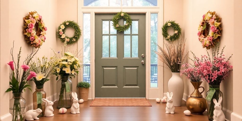 Easter themed entryway with flowers and decorations.