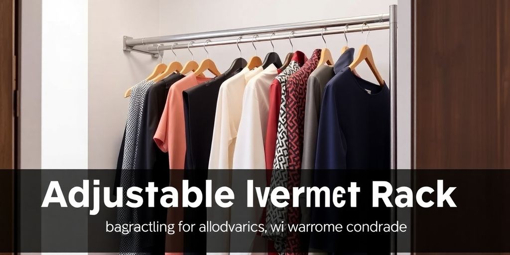 Adjustable garment rack displaying clothes in a stylish setting.