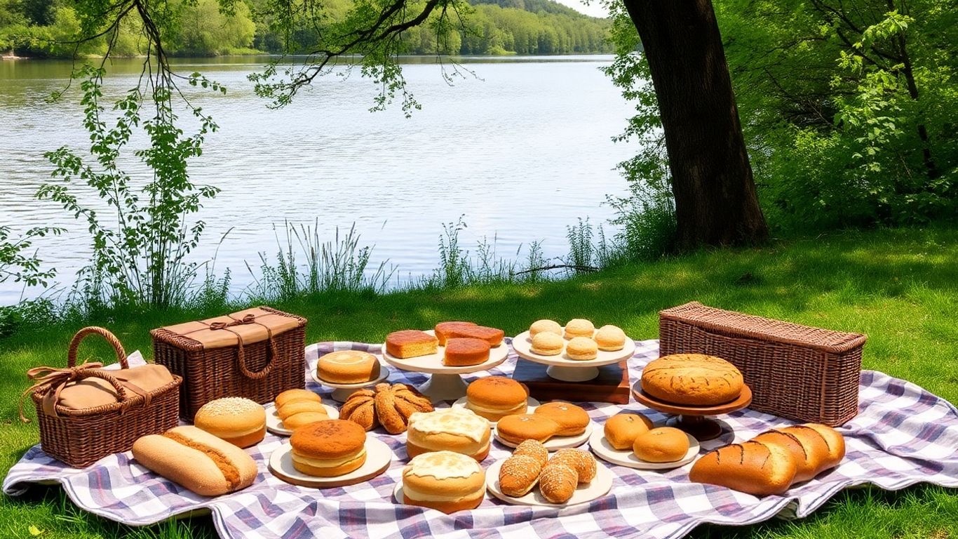 Fresh bakery picnic by Totnes riverside on green grass.
