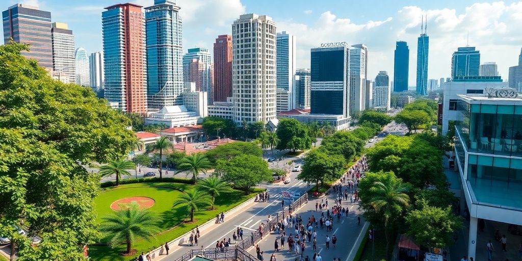 Skyline of Makati with skyscrapers and lively streets.