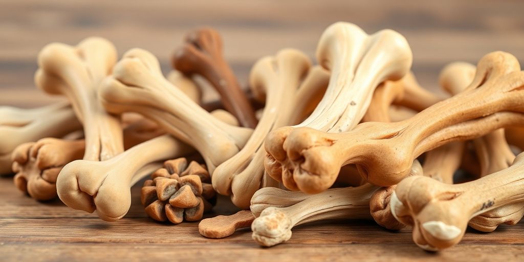 Natural dog chews on a wooden surface.